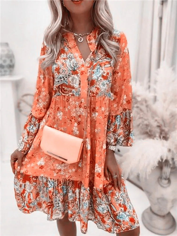 Boho Floral Print V-Neck Dress – Casual Loose A-Line Dress