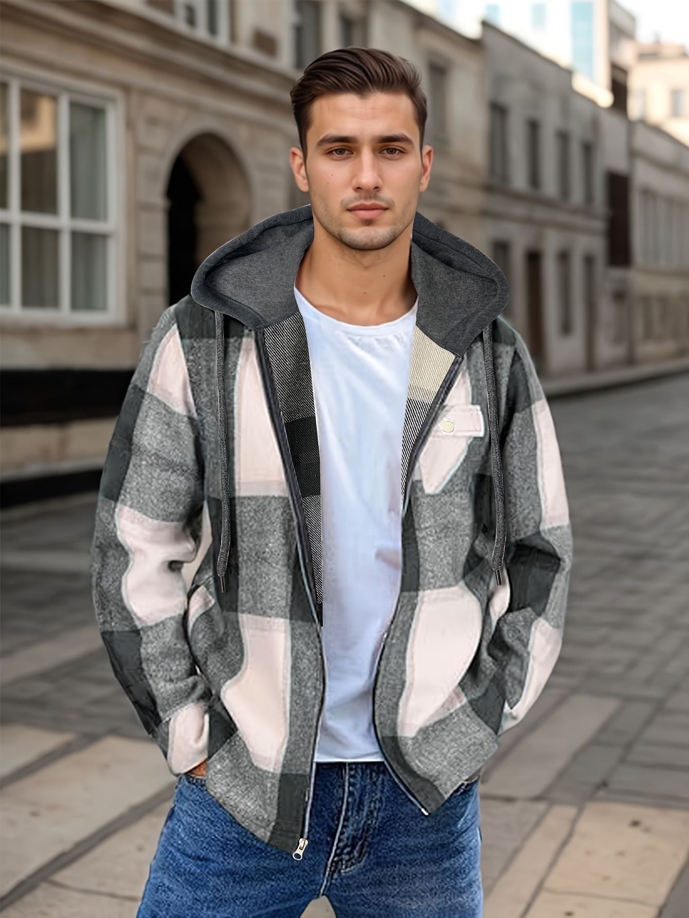 Men’s Plaid Hooded Jacket – Casual Zip-Up Outerwear