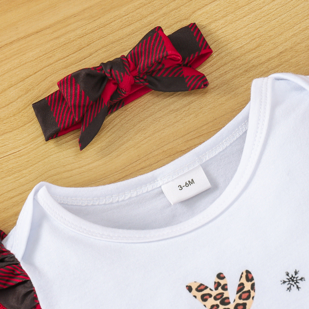 Baby Girl Merry Christmas Outfit – Leopard Reindeer Romper + Plaid Flared Pants + Headband (3pcs Set)