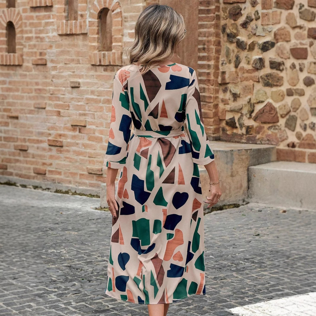 Women's V-Neck Printed Belt Dress