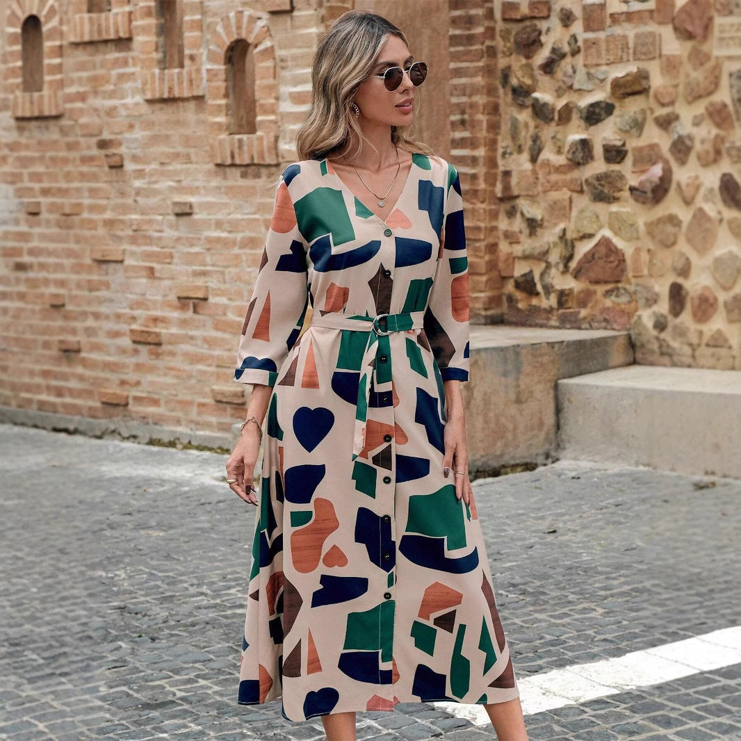 Women's V-Neck Printed Belt Dress