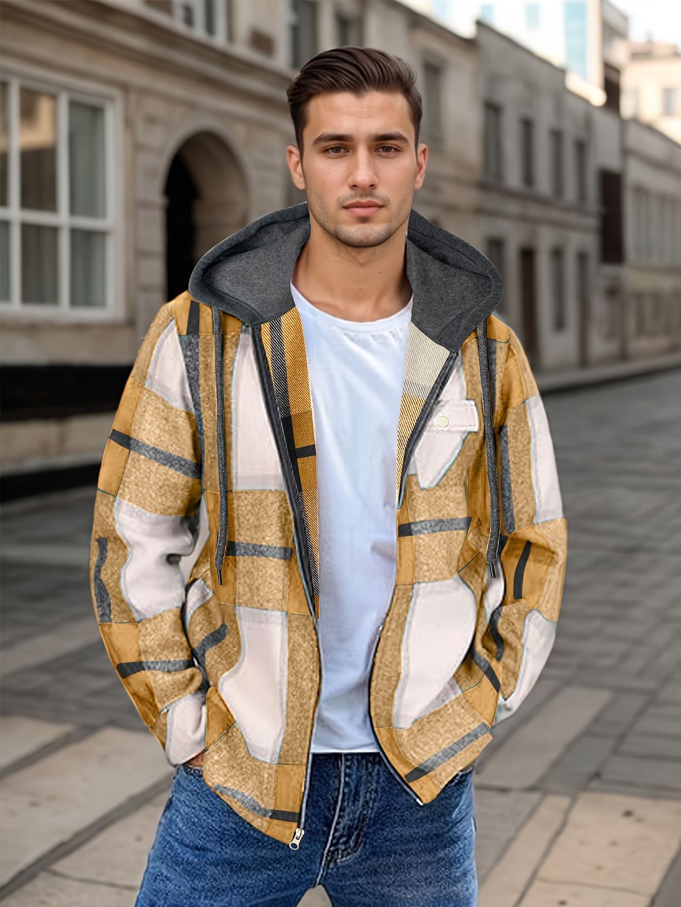 Men’s Plaid Hooded Jacket – Casual Zip-Up Outerwear