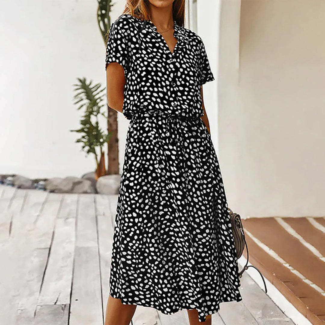 Women’s Autumn Midi Dress – Boho Short Sleeve Rust Red Outfit