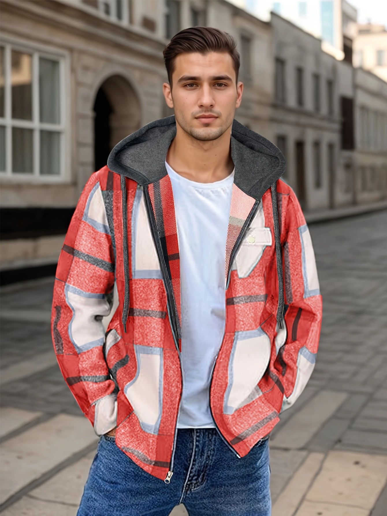 Men’s Plaid Hooded Jacket – Casual Zip-Up Outerwear