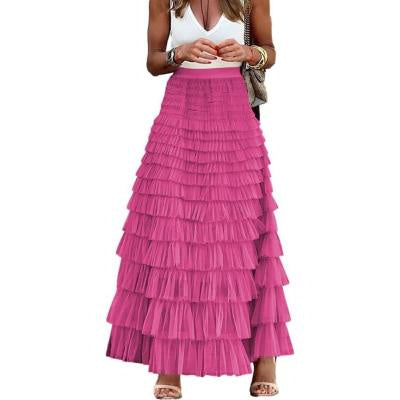Boho Ruffle Maxi Skirt – Tiered Mesh Long A-Line Skirt for Women