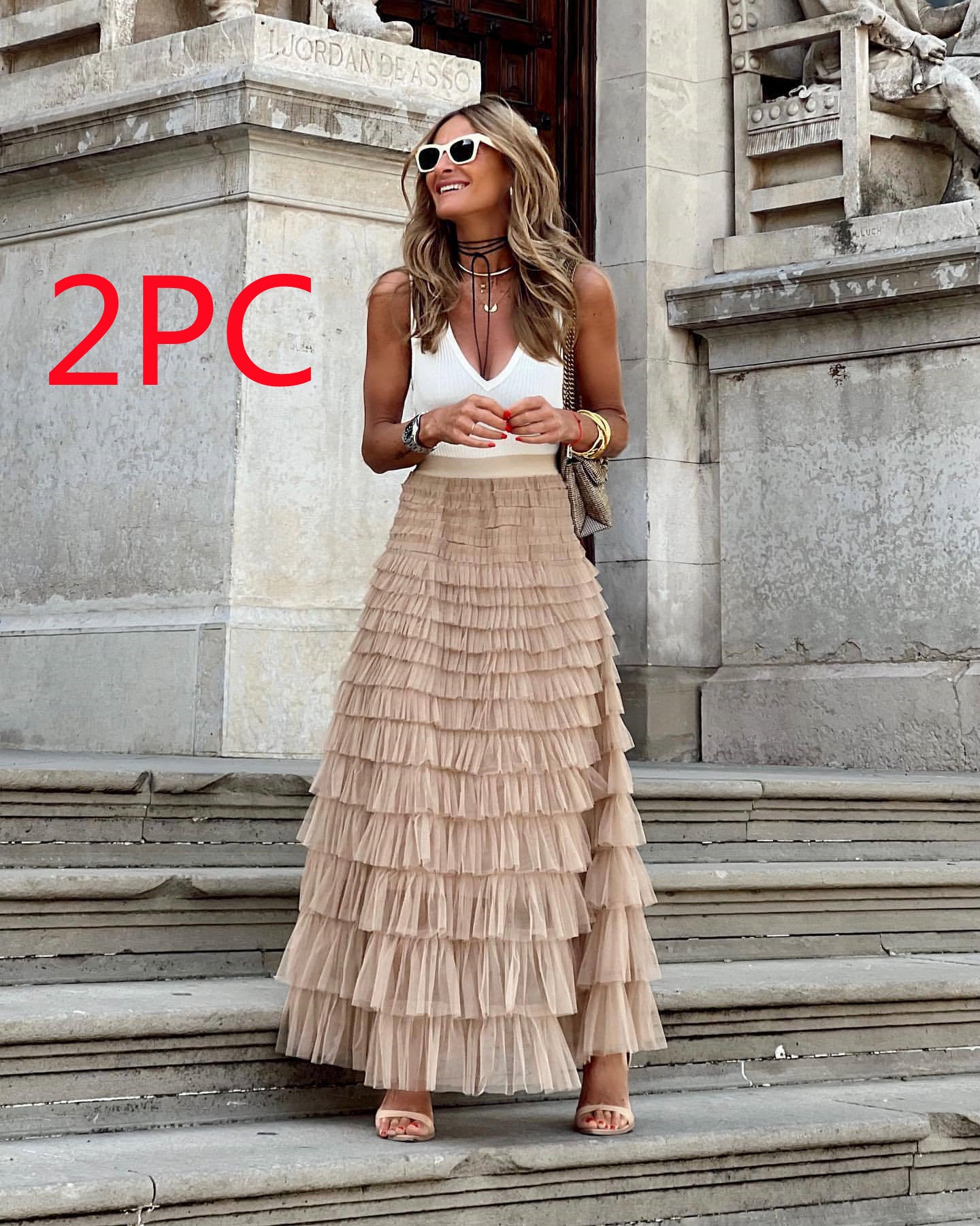 Boho Ruffle Maxi Skirt – Tiered Mesh Long A-Line Skirt for Women
