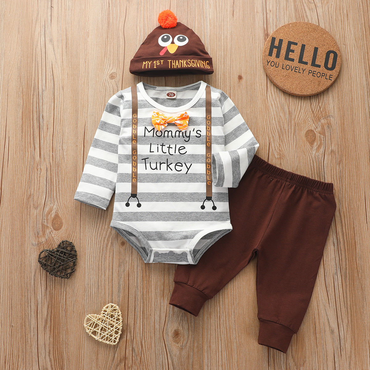 Baby “Mommy’s Little Turkey” Thanksgiving Outfit – 3pcs Romper + Pants + Hat Set