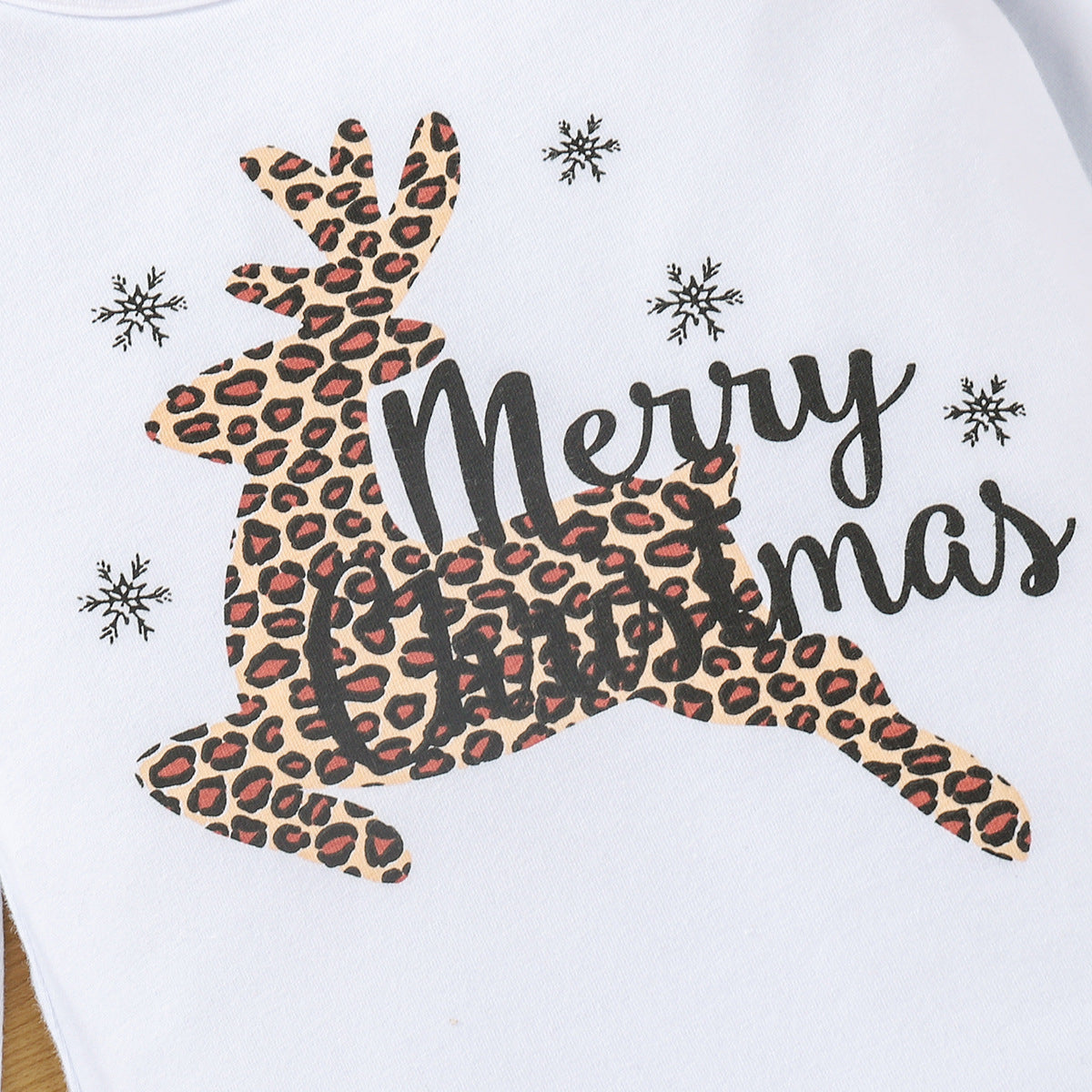 Baby Girl Merry Christmas Outfit – Leopard Reindeer Romper + Plaid Flared Pants + Headband (3pcs Set)