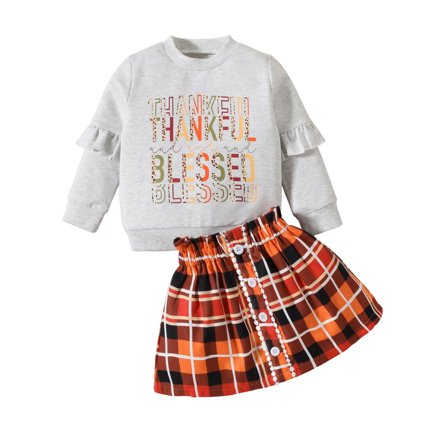 Toddler Girl Fall Outfit – “Thankful Blessed” Sweatshirt & Plaid Skirt Set
