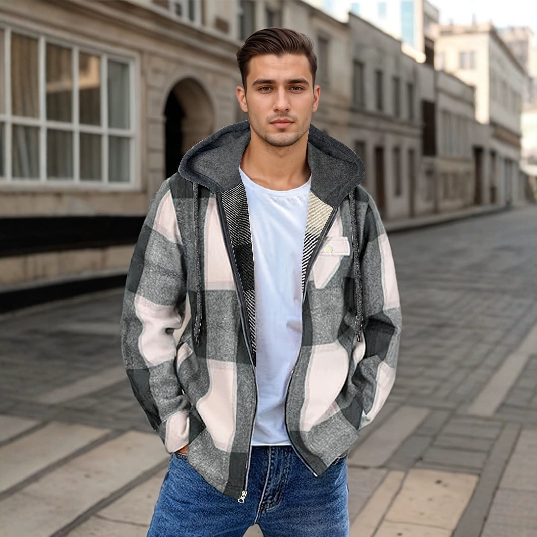 Men’s Plaid Hooded Jacket – Casual Zip-Up Outerwear