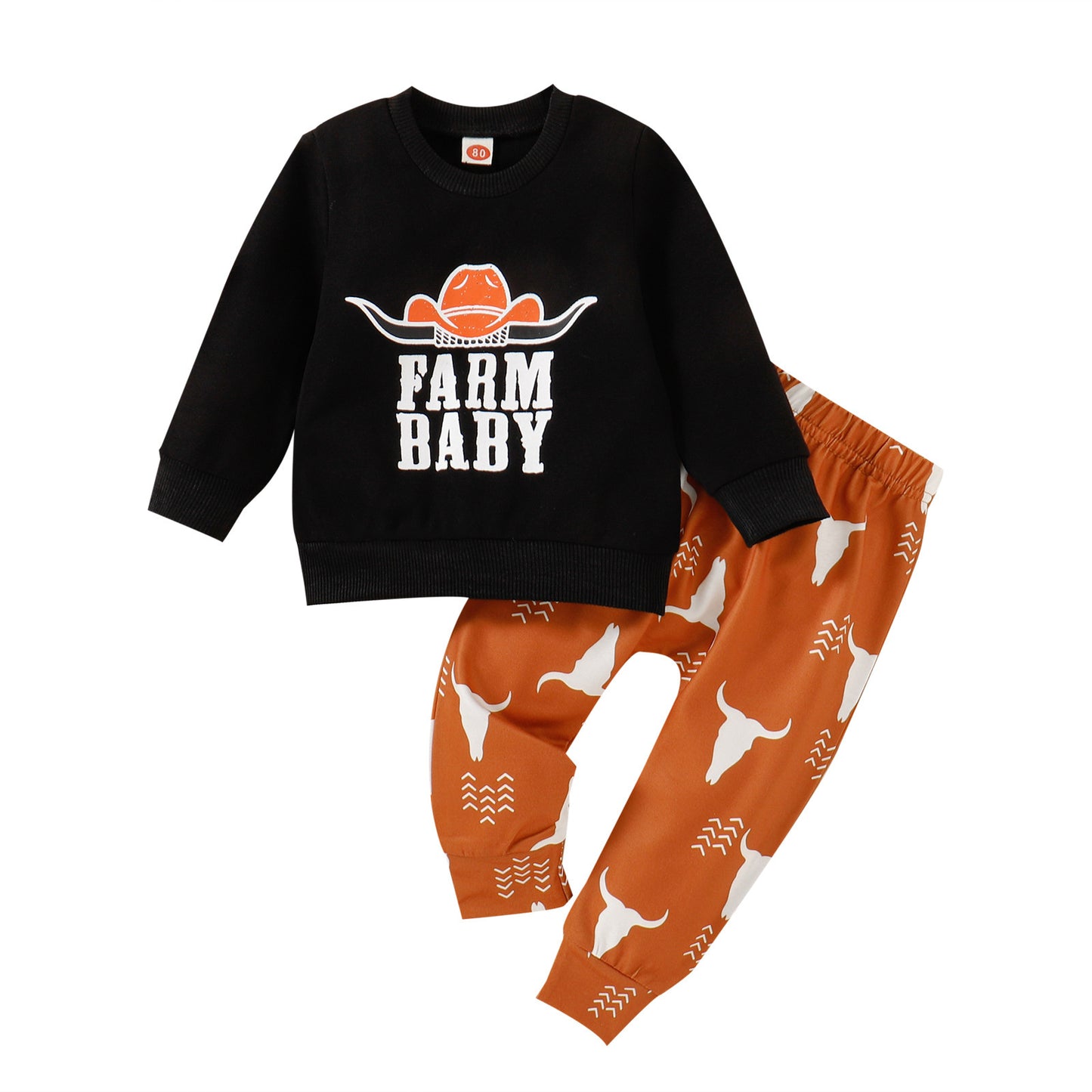 Farm Baby Outfit – Cowboy Print Sweatshirt & Bull Skull Pants 2-Piece Set