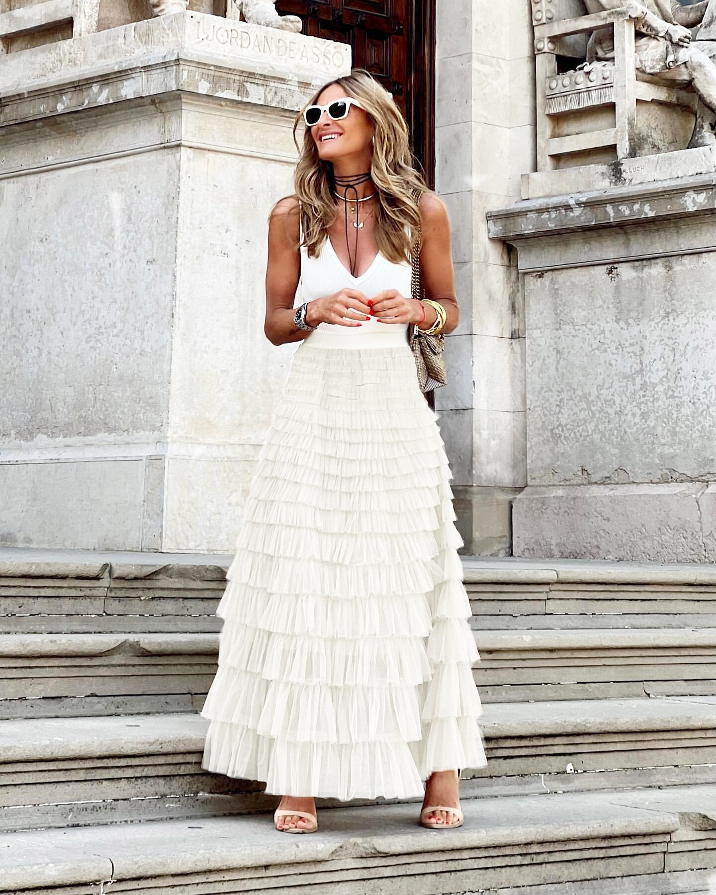 Boho Ruffle Maxi Skirt – Tiered Mesh Long A-Line Skirt for Women