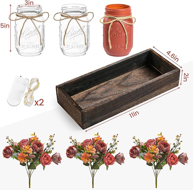 Farmhouse Mason Jar Set – 3 Jar Centerpiece with Wood Tray & Warm LED Lights