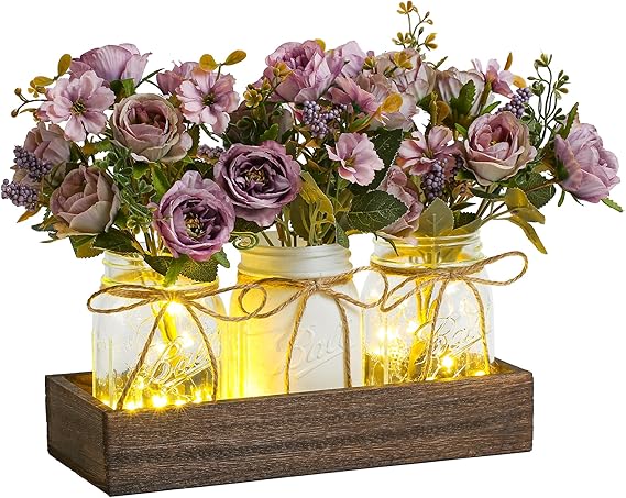 Farmhouse Mason Jar Set – 3 Jar Centerpiece with Wood Tray & Warm LED Lights