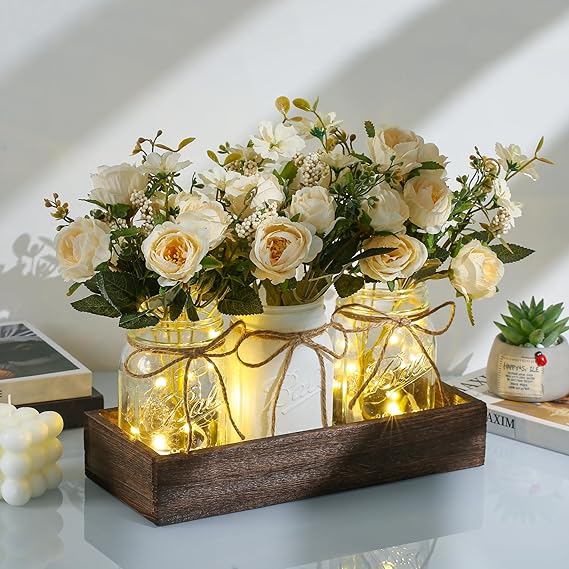 Farmhouse Mason Jar Set – 3 Jar Centerpiece with Wood Tray & Warm LED Lights