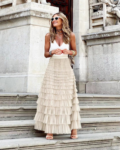 Boho Ruffle Maxi Skirt – Tiered Mesh Long A-Line Skirt for Women