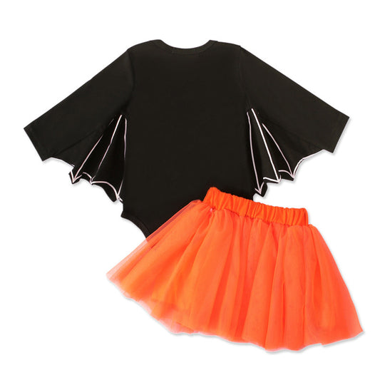 Baby Girl Halloween Outfit – Pumpkin Romper with Bat Wings & Tutu Skirt