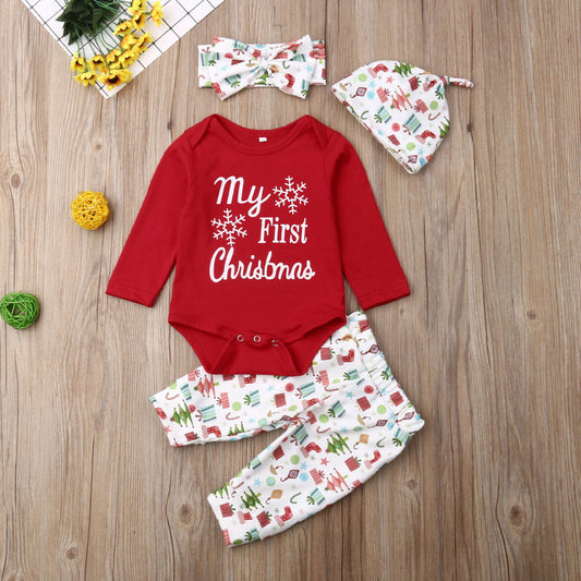 Baby “My First Christmas” Outfit – 4pcs Set Romper + Pants + Hat + Headband