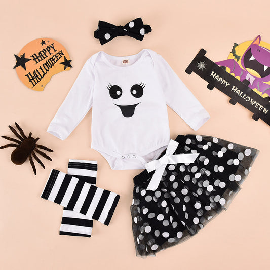 Baby Girl Halloween Outfit – Ghost Romper, Skirt & Headband Set