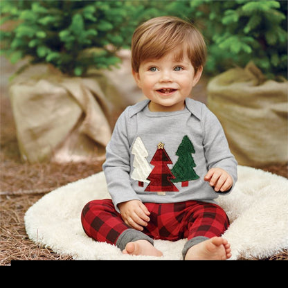 Baby & Toddler Christmas Outfit – Plaid Pajama Set with Tree Applique Top