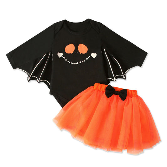 Baby Girl Halloween Outfit – Pumpkin Romper with Bat Wings & Tutu Skirt