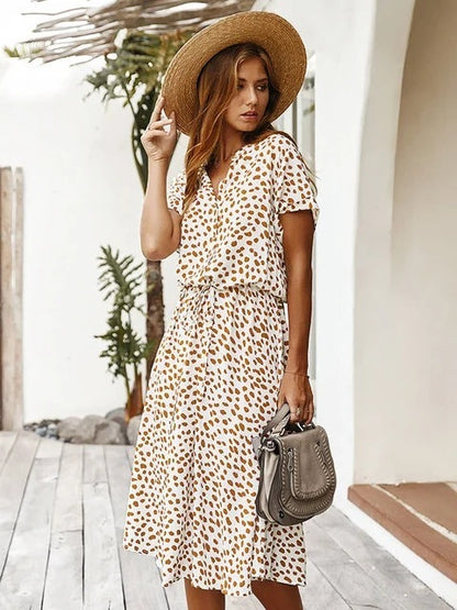 Women’s Autumn Midi Dress – Boho Short Sleeve Rust Red Outfit