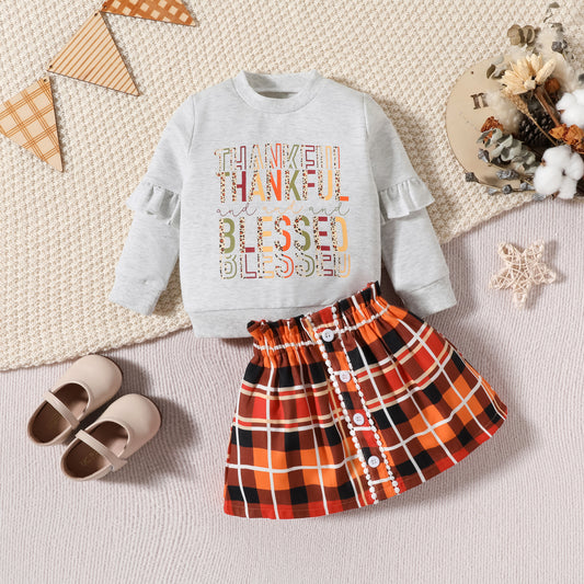 Toddler Girl Fall Outfit – “Thankful Blessed” Sweatshirt & Plaid Skirt Set