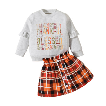Toddler Girl Fall Outfit – “Thankful Blessed” Sweatshirt & Plaid Skirt Set