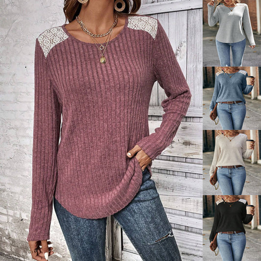 Women’s Ribbed Knit Lace Shoulder Top – Round Neck Long Sleeve Pullover