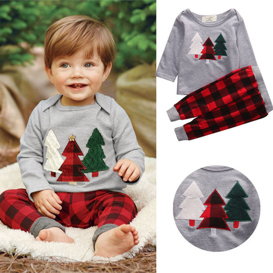 Baby & Toddler Christmas Outfit – Plaid Pajama Set with Tree Applique Top