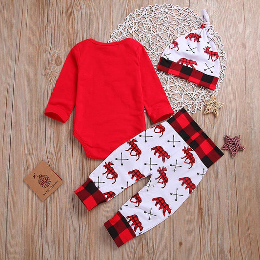 Baby’s 1st Christmas Outfit – 3PCS Holiday Romper, Pants & Hat Set