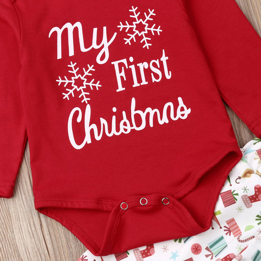 Baby “My First Christmas” Outfit – 4pcs Set Romper + Pants + Hat + Headband