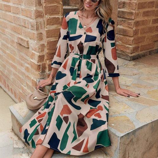 Women's V-Neck Printed Belt Dress