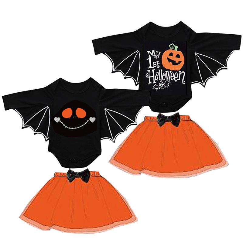 Baby Girl Halloween Outfit – Pumpkin Romper with Bat Wings & Tutu Skirt