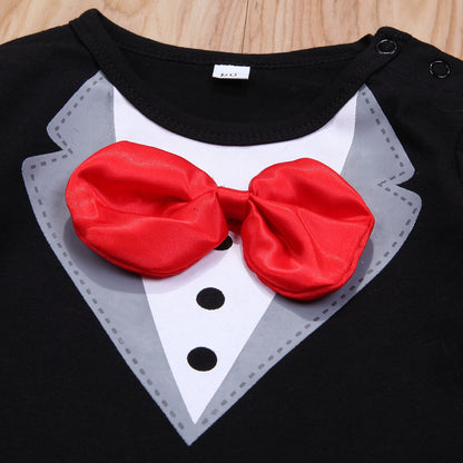 Baby Boy Tuxedo Romper – Formal Long Sleeve Bodysuit with Red Bow Tie