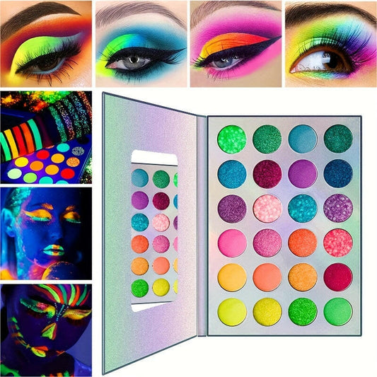 24-Color High-Pigment Eyeshadow Palette - UV Glow & Luminous Glitter - Perfect for Party, Nightclub & Stage Makeup