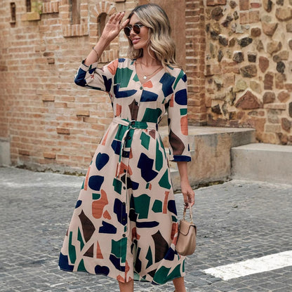 Women's V-Neck Printed Belt Dress