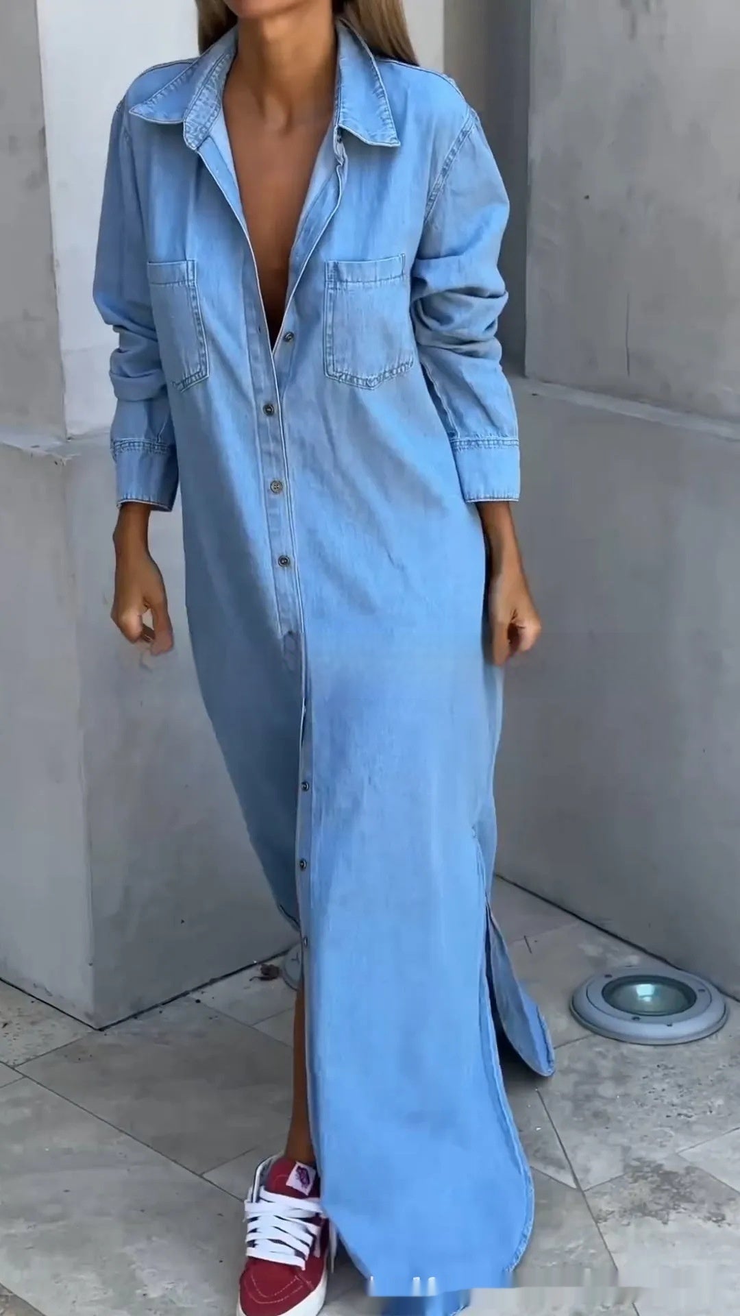 Denim Maxi Shirt Dress – Long Sleeve Button Down