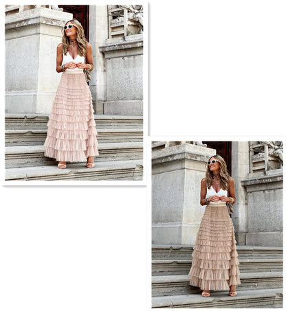 Boho Ruffle Maxi Skirt – Tiered Mesh Long A-Line Skirt for Women