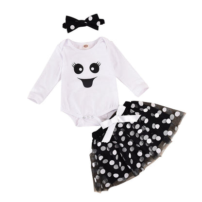 Baby Girl Halloween Outfit – Ghost Romper, Skirt & Headband Set