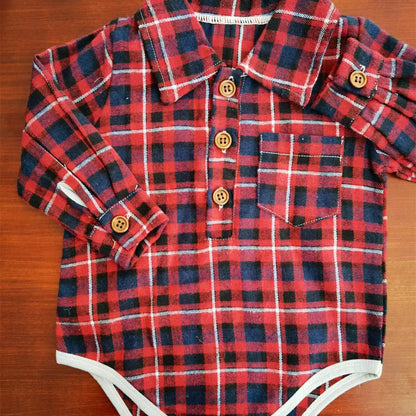 Baby Plaid Button-Up Long Sleeve Romper – Fall Flannel Style