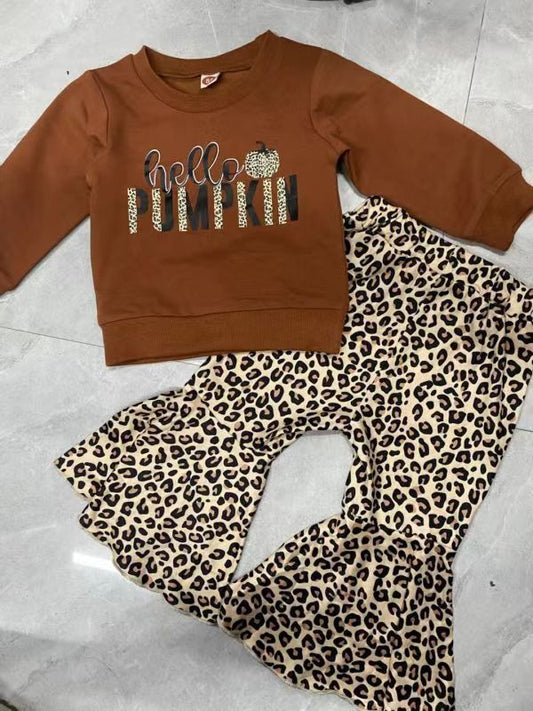 Toddler Girl Fall Outfit – “Hello Pumpkin” Top & Leopard Flared Pants Set