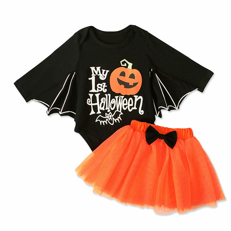 Baby Girl Halloween Outfit – Pumpkin Romper with Bat Wings & Tutu Skirt