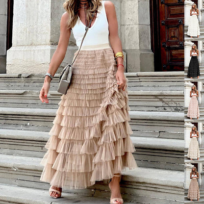 Boho Ruffle Maxi Skirt – Tiered Mesh Long A-Line Skirt for Women