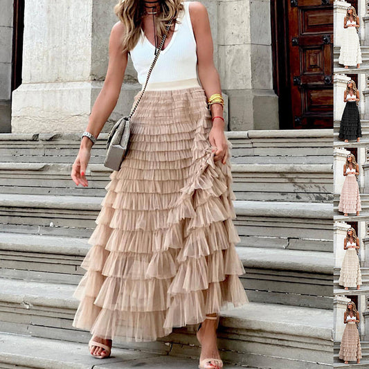 Boho Ruffle Maxi Skirt – Tiered Mesh Long A-Line Skirt for Women