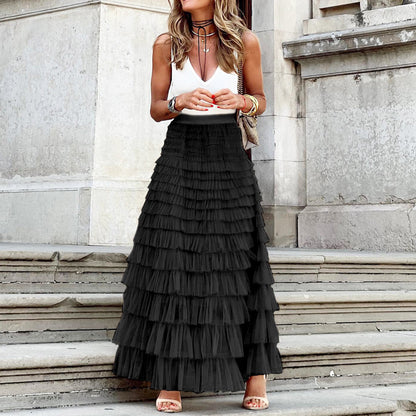 Boho Ruffle Maxi Skirt – Tiered Mesh Long A-Line Skirt for Women