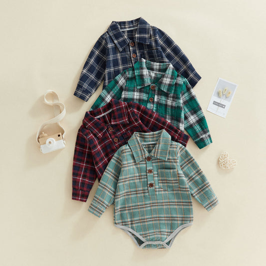 Baby Plaid Button-Up Long Sleeve Romper – Fall Flannel Style