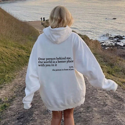 “Dear Person Behind Me” Plush Hoodie – Unisex Letter Print Pullover