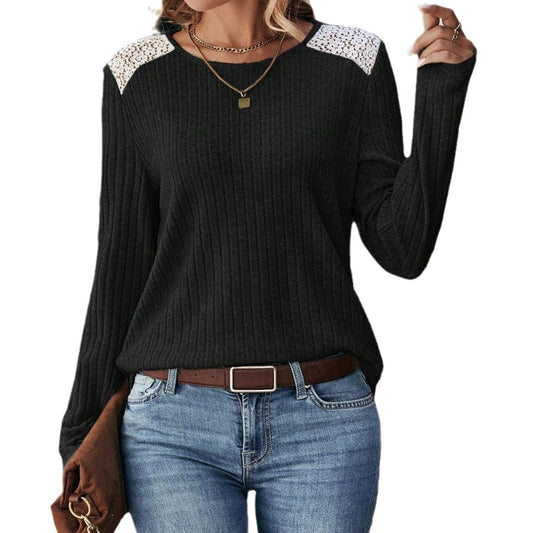 Women’s Ribbed Knit Lace Shoulder Top – Round Neck Long Sleeve Pullover