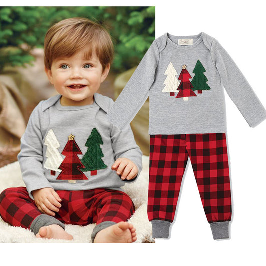 Baby & Toddler Christmas Outfit – Plaid Pajama Set with Tree Applique Top